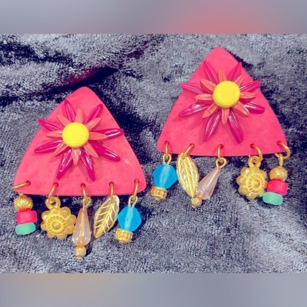 Vintage Lonnie Lovness Pink Triangle Clip On Earrings Dangling Accents Flowers